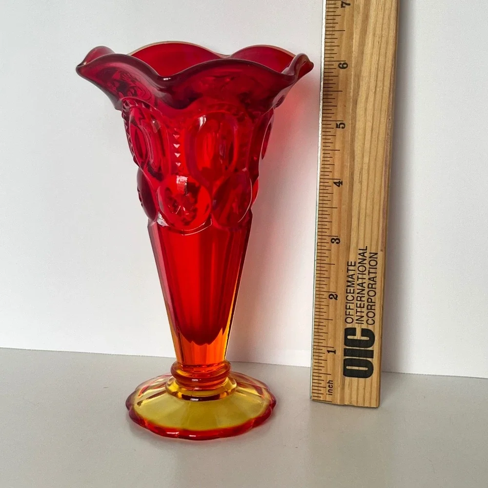 LE Smith Amberina Moon and Star Glass Vase Red Orange Ruffled Pedestal 6.5